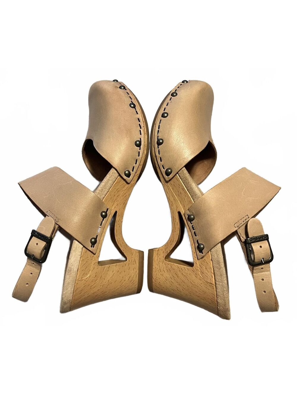 Dansko Sam Beige Leather Studded Wood Look Platform Cottage Clog Sandals 36 / 6 - Picture 3 of 8